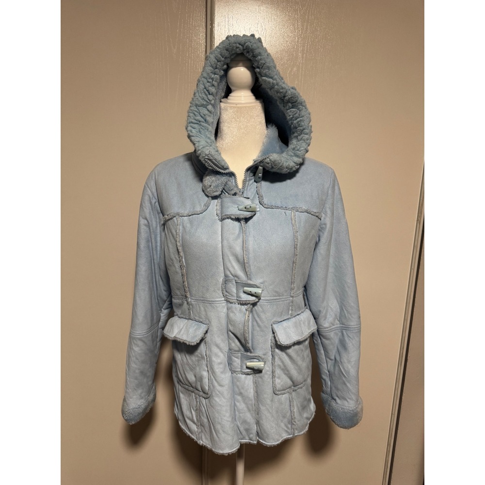 Girl Connection Blue Faux Suede Hooded Jacket Faux Fur Lined Coat Kids XL 14/16